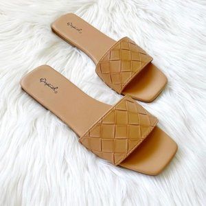 Tan one band quilted sandal slip on slides